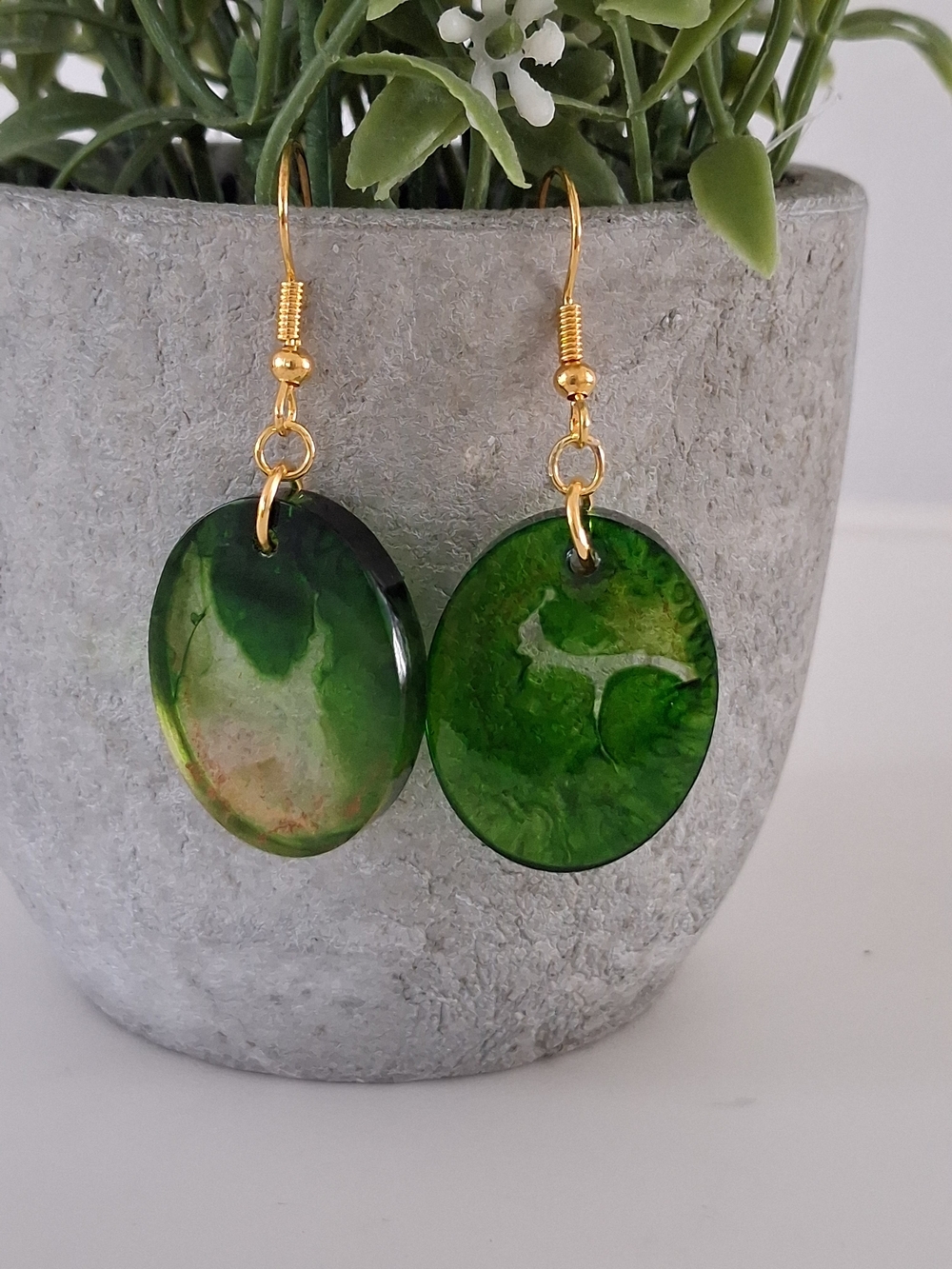 Green Resin Oval Drop Earrings by